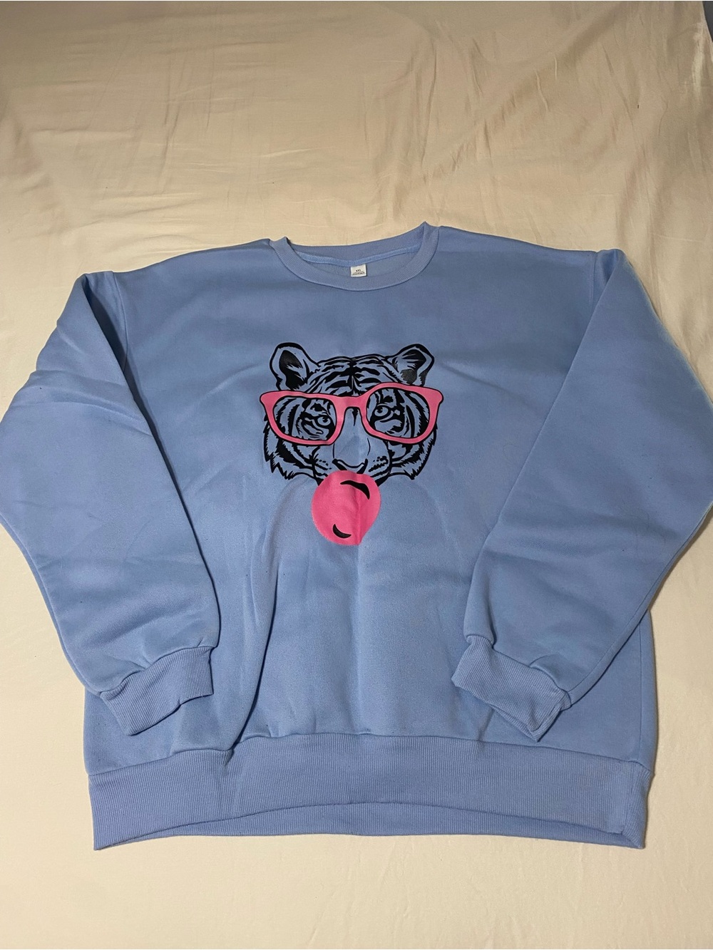 Women’s Blue Crewneck Sweatshirt with Tiger Graphic and Pink Accent
